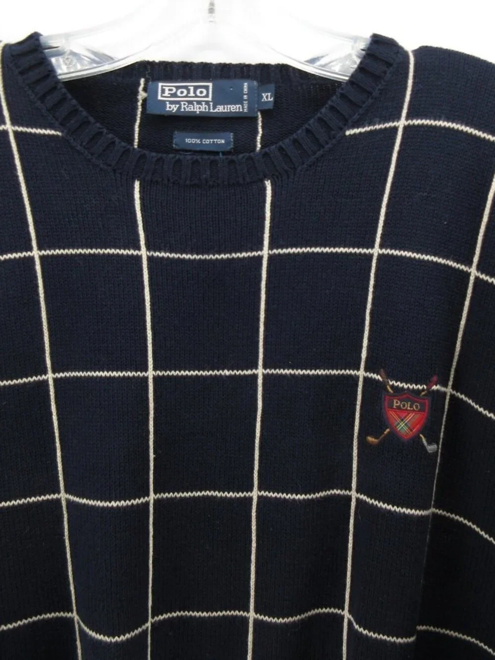 VINTAGE Polo Ralph Lauren Sweater XL Navy Golf Crest Ribbed Chunky Knit